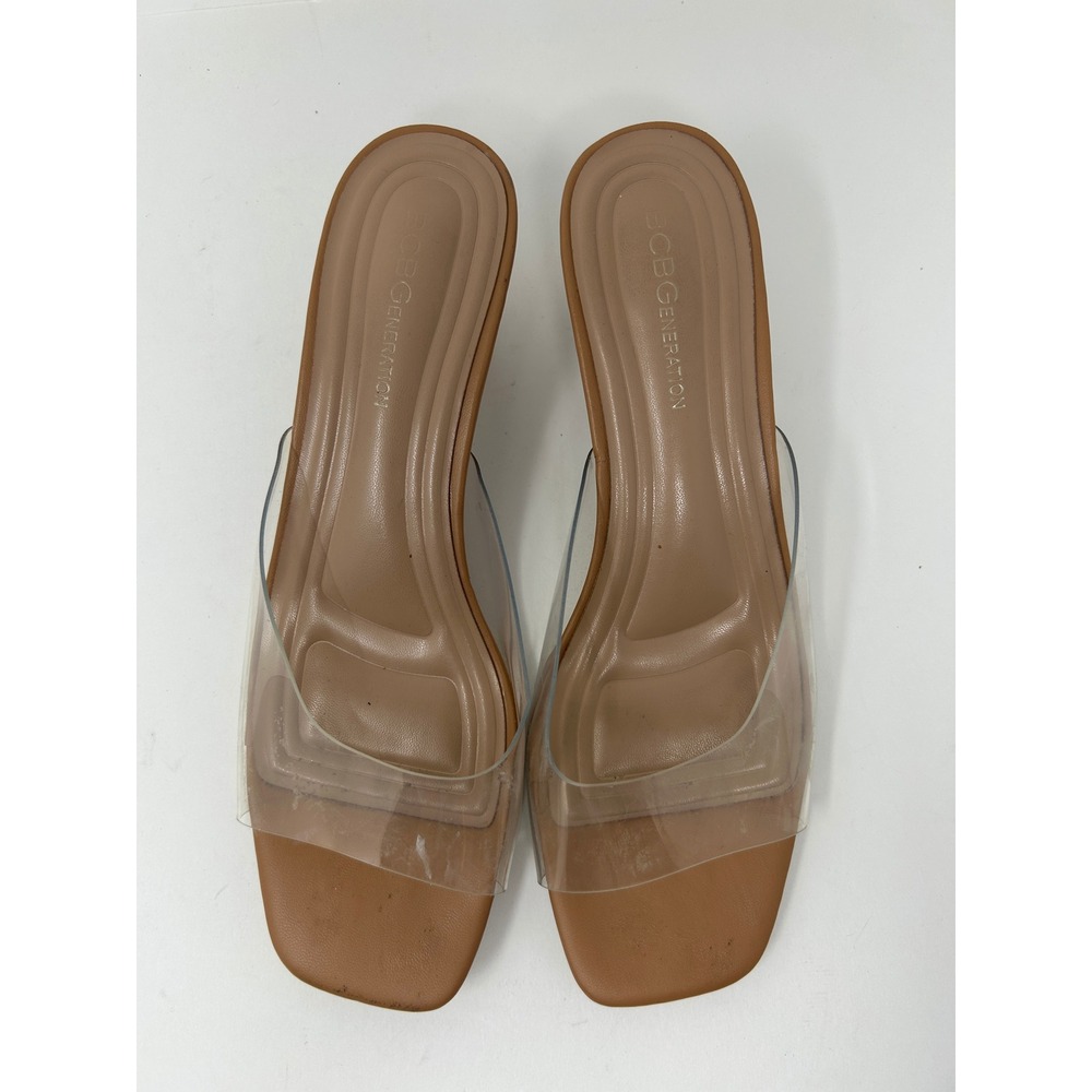 BCBGeneration Inika-2 Tan Clear PVC Square Toe Kitten Heel Slide Sandals Sz 9.5 - Picture 2 of 9